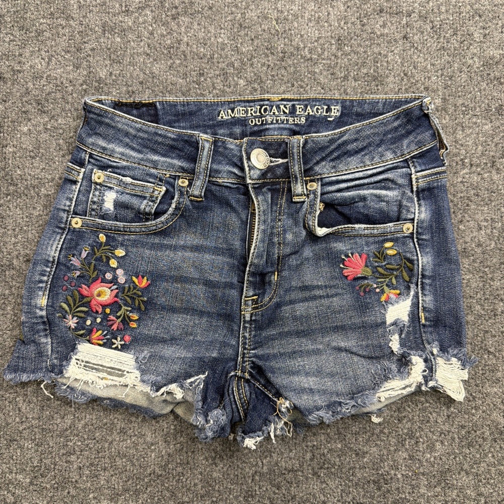 American Eagle Outfitters Y2KNext Level Stretch Denim Shorts W/Floral Embroidery
